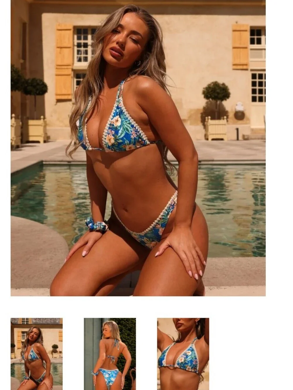 Kulani Kinis Blue Floral Crochet-Trim Triangle Bikini